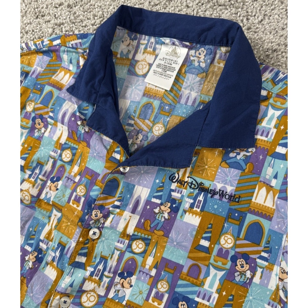 Walt Disney World 50th Anniversary Bowling Shirt‎ Button All Over Mickey Mens Sm